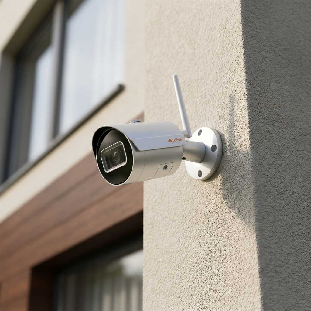 Außenkamera an der Fassade, sauber verkabelt.